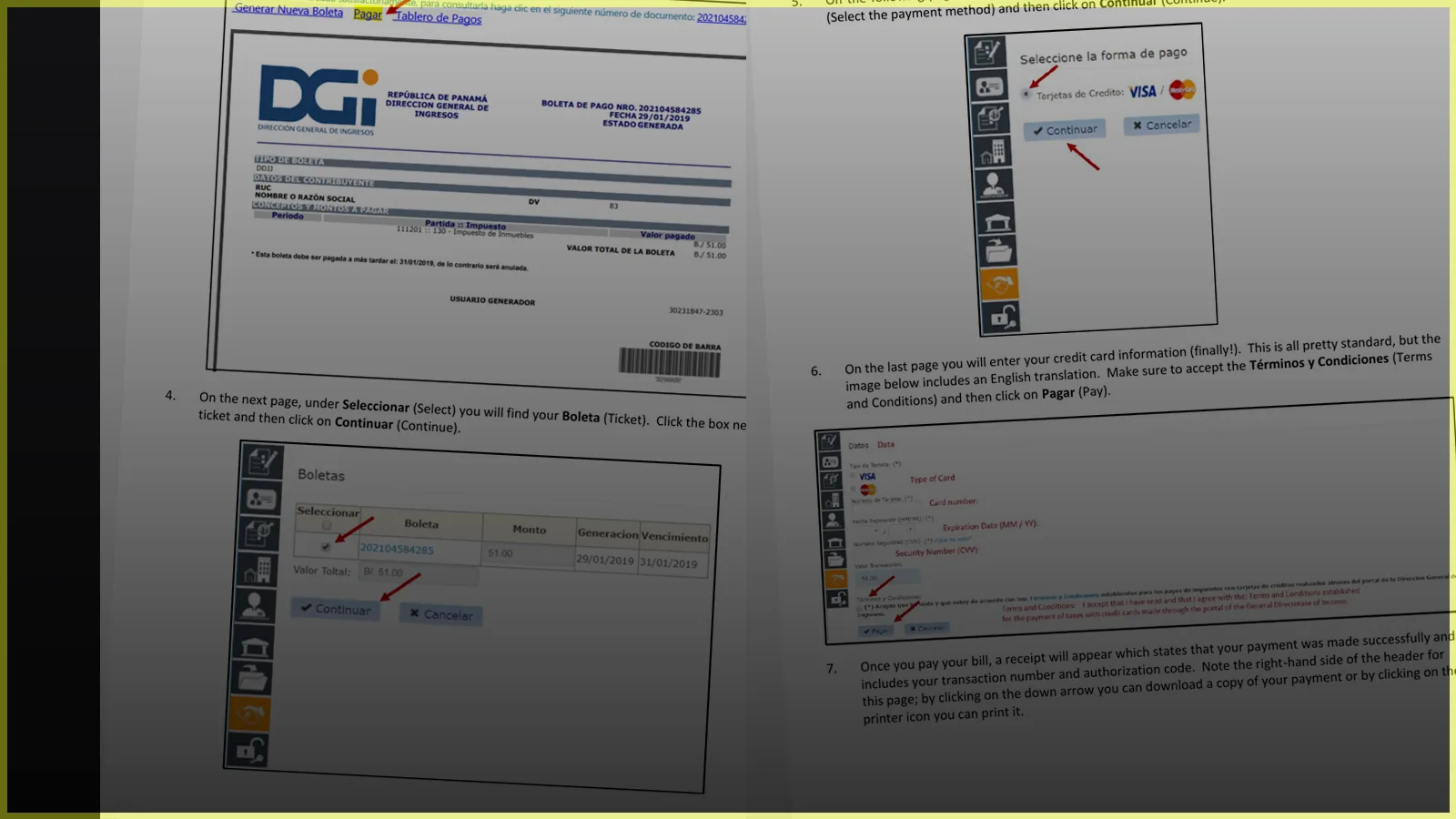 Pantallas de DGI e-Tax 2.0 que muestran una boleta de pago de impuesto de inmueble en Panamá y una pantalla de pago con tarjeta